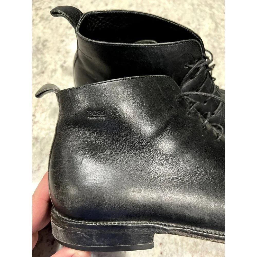 Hugo Boss Mens Black Leather Square Toe Chukka Boots Size 9 Lace Up Ankle‎ 10750
